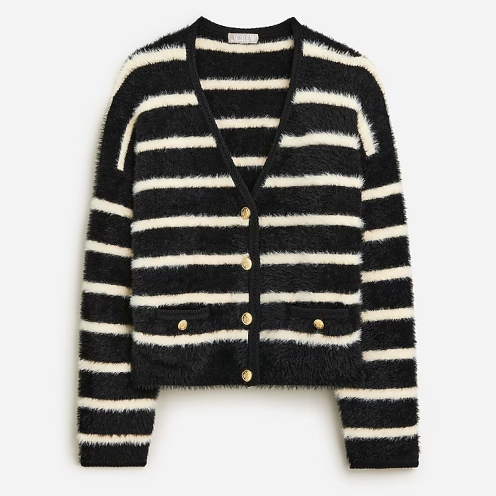 J. CREW Sweater Lady Jacket - Black and Ivory Striped Brushed Yarn - Sz S